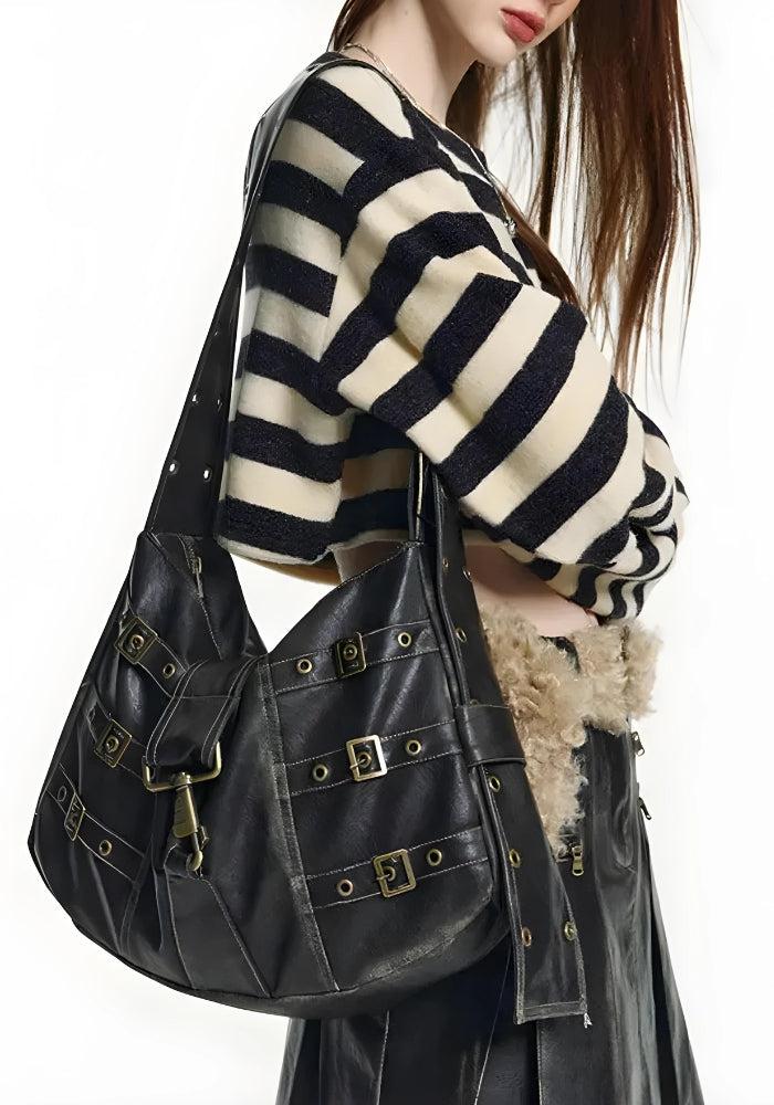 Y2K Grunge Faux Leather Belted Bag - Retro Style 90s Fashion Accessory