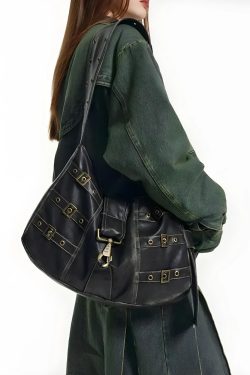 Y2K Grunge Faux Leather Belted Bag - Retro Style 90s Fashion Accessory