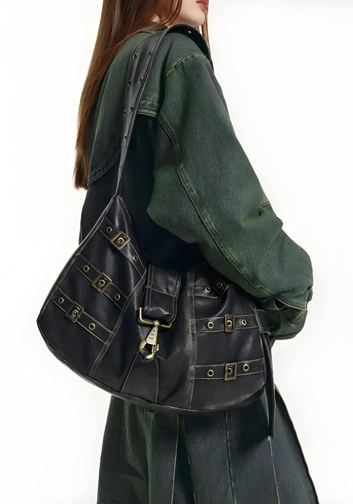 Y2K Grunge Faux Leather Belted Bag - Retro Style 90s Fashion Accessory