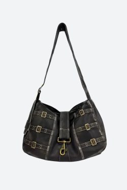 Y2K Grunge Faux Leather Belted Bag - Retro Style 90s Fashion Accessory