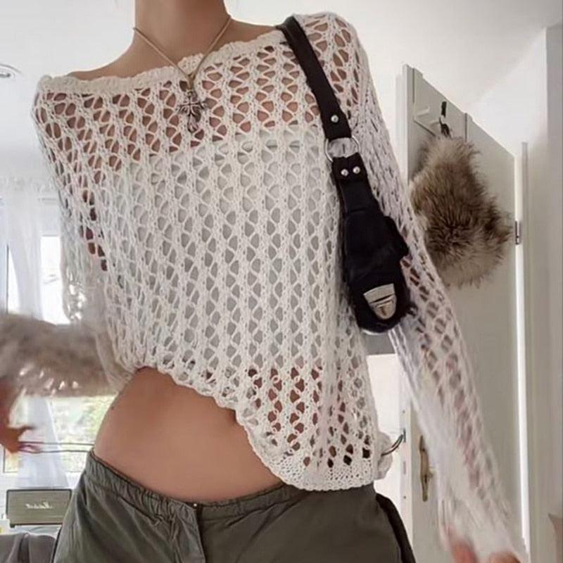 Y2K Grunge Long Sleeve Fishnet Top - Perfect for Retro 90s and Y2K Outfits