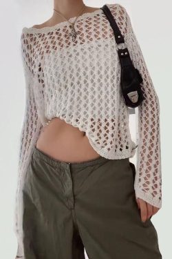 Y2K Grunge Long Sleeve Fishnet Top - Perfect for Retro 90s and Y2K Outfits