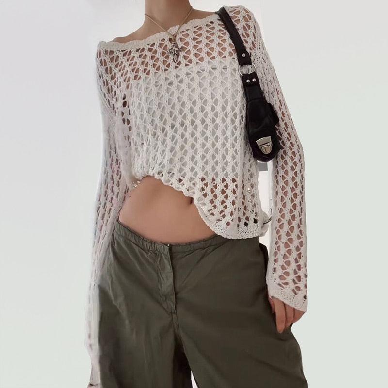 Y2K Grunge Long Sleeve Fishnet Top - Perfect for Retro 90s and Y2K Outfits