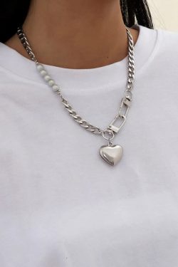 Y2K Heart Chain Beaded Necklace - Retro 90s Fashion Statement Jewelry for Y2K Outfits