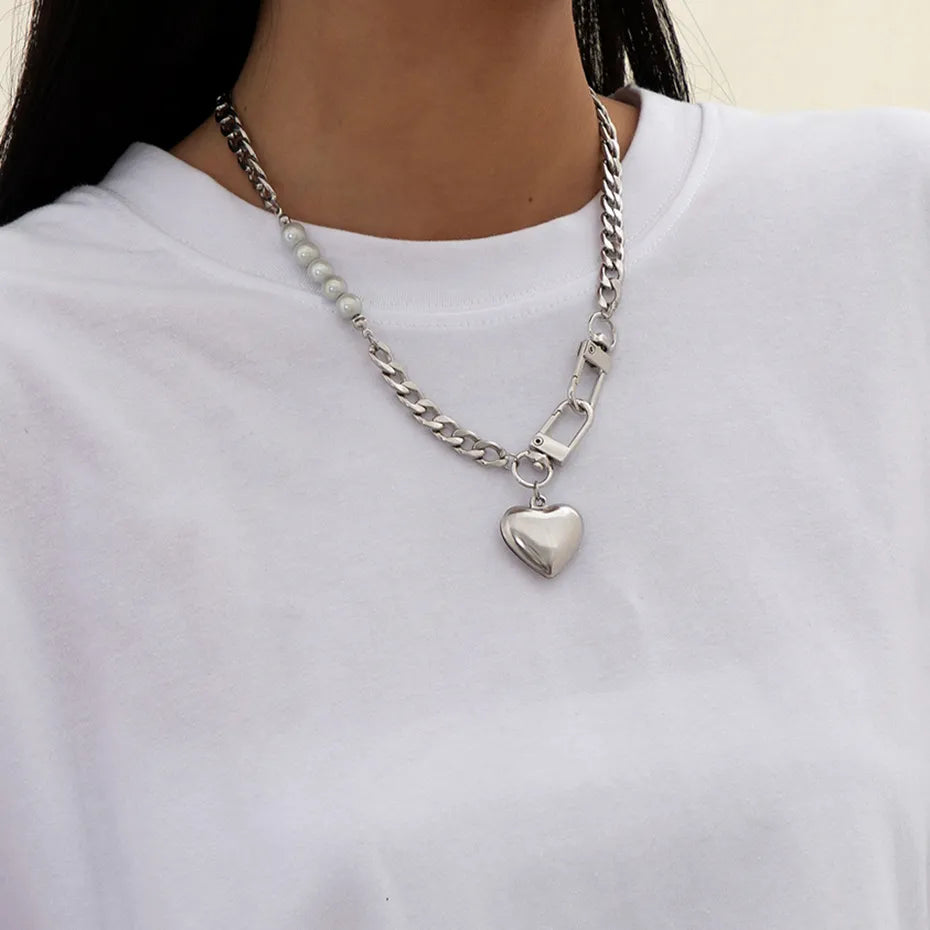 Y2K Heart Chain Beaded Necklace - Retro 90s Fashion Statement Jewelry for Y2K Outfits