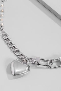 Y2K Heart Chain Beaded Necklace - Retro 90s Fashion Statement Jewelry for Y2K Outfits