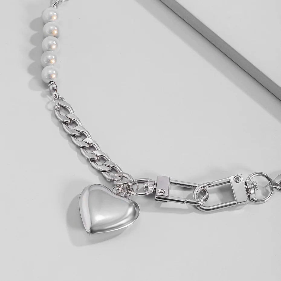 Y2K Heart Chain Beaded Necklace - Retro 90s Fashion Statement Jewelry for Y2K Outfits