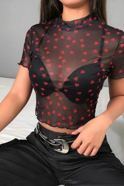 Y2K Heart Mesh Crop Top - Retro 90s Grunge Style Douyin Fashion