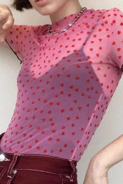 Y2K Heart Mesh Crop Top - Retro 90s Grunge Style Douyin Fashion