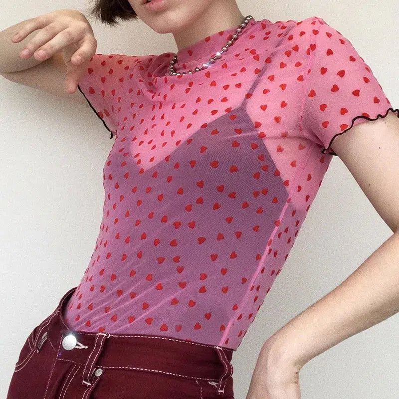 Y2K Heart Mesh Crop Top - Retro 90s Grunge Style Douyin Fashion