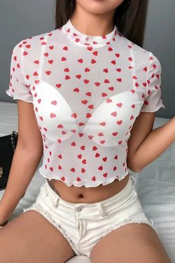 Y2K Heart Mesh Crop Top - Retro 90s Grunge Style Douyin Fashion