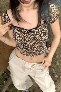 Y2K Leopard Bodycon Crop Top - Retro 90s Grunge Style for Trendy Summer Outfits