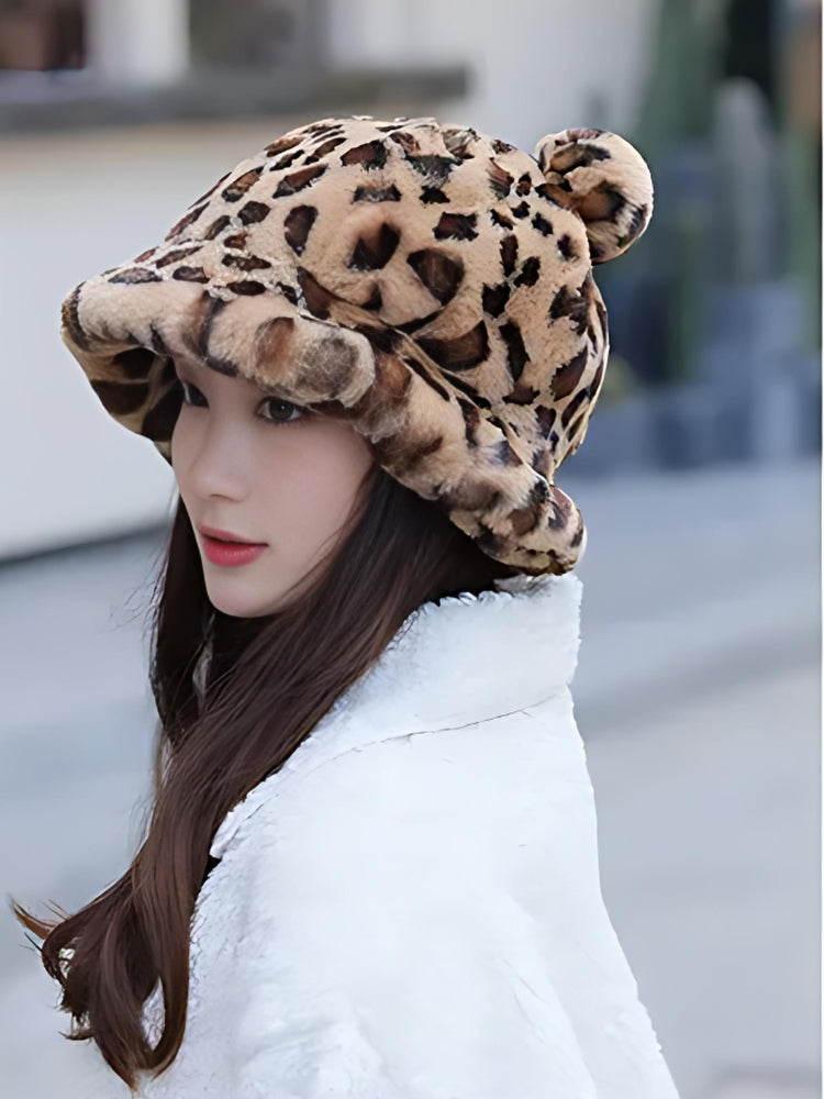 Y2K Leopard Ear Plush Hat - Retro Style Grunge Accessory for 90s and Y2K Outfits