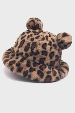 Y2K Leopard Ear Plush Hat - Retro Style Grunge Accessory for 90s and Y2K Outfits