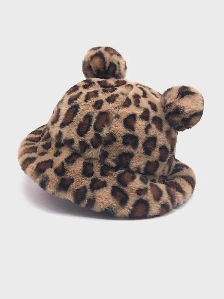 Y2K Leopard Ear Plush Hat - Retro Style Grunge Accessory for 90s and Y2K Outfits