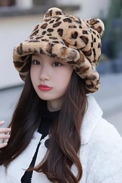 Y2K Leopard Ear Plush Hat - Retro Style Grunge Accessory for 90s and Y2K Outfits