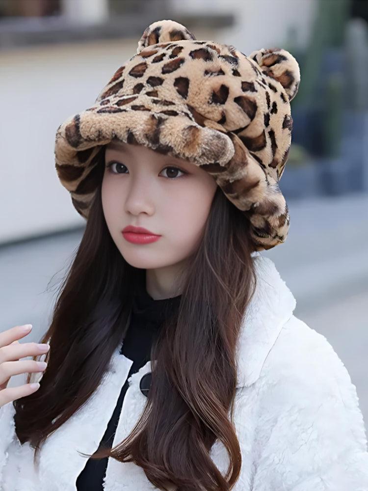 Y2K Leopard Ear Plush Hat - Retro Style Grunge Accessory for 90s and Y2K Outfits