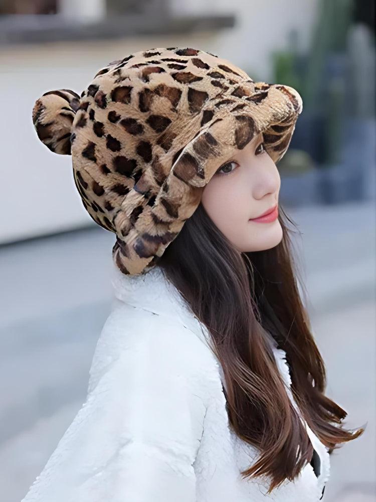 Y2K Leopard Ear Plush Hat - Retro Style Grunge Accessory for 90s and Y2K Outfits