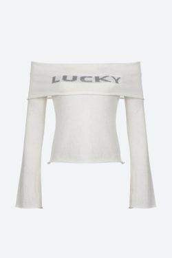Y2K Lucky Girl Off Shoulder Top - Retro 90s Fashion Grunge Style Y2K Summer Outfit