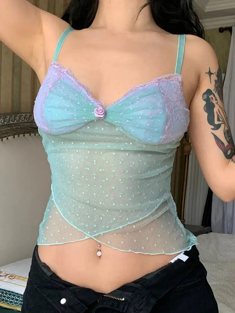 Y2K Mermaid Sheer Mesh Top - Retro Style Grunge Outfit