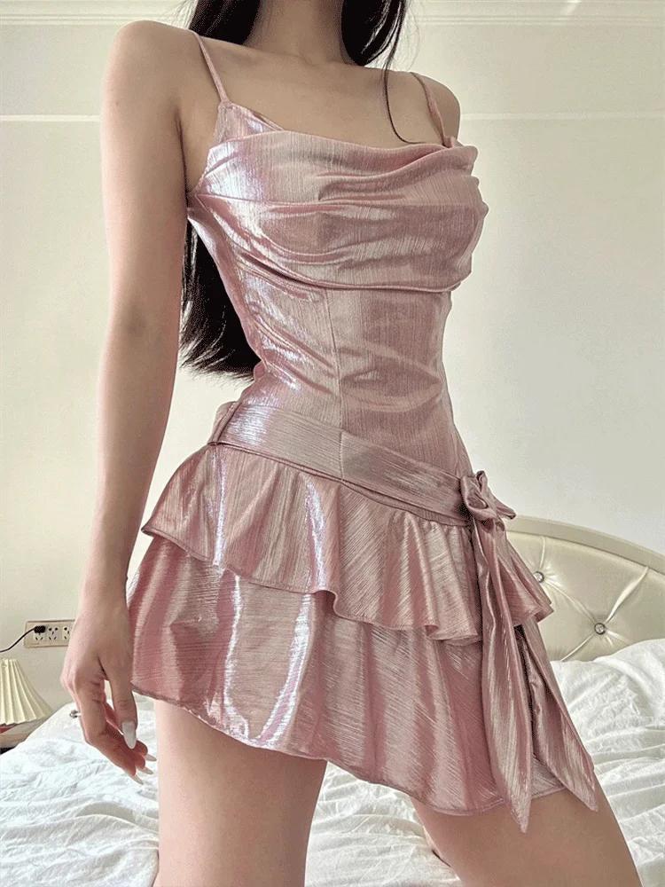 Y2K Metallic Mini Dress - Retro Soft Girl Douyin Style