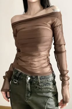 Y2K Off Shoulder Mesh Top - Retro 90s Grunge Style for Trendy Summer Outfits