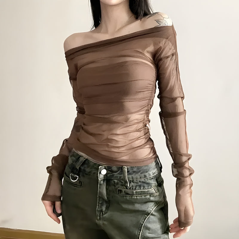 Y2K Off Shoulder Mesh Top - Retro 90s Grunge Style for Trendy Summer Outfits