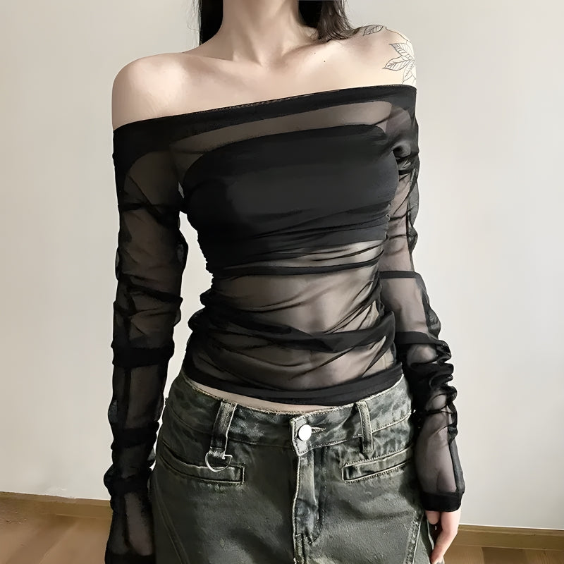 Y2K Off Shoulder Mesh Top - Retro 90s Grunge Style for Trendy Summer Outfits