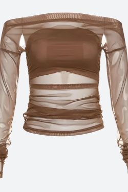 Y2K Off Shoulder Mesh Top - Retro 90s Grunge Style for Trendy Summer Outfits
