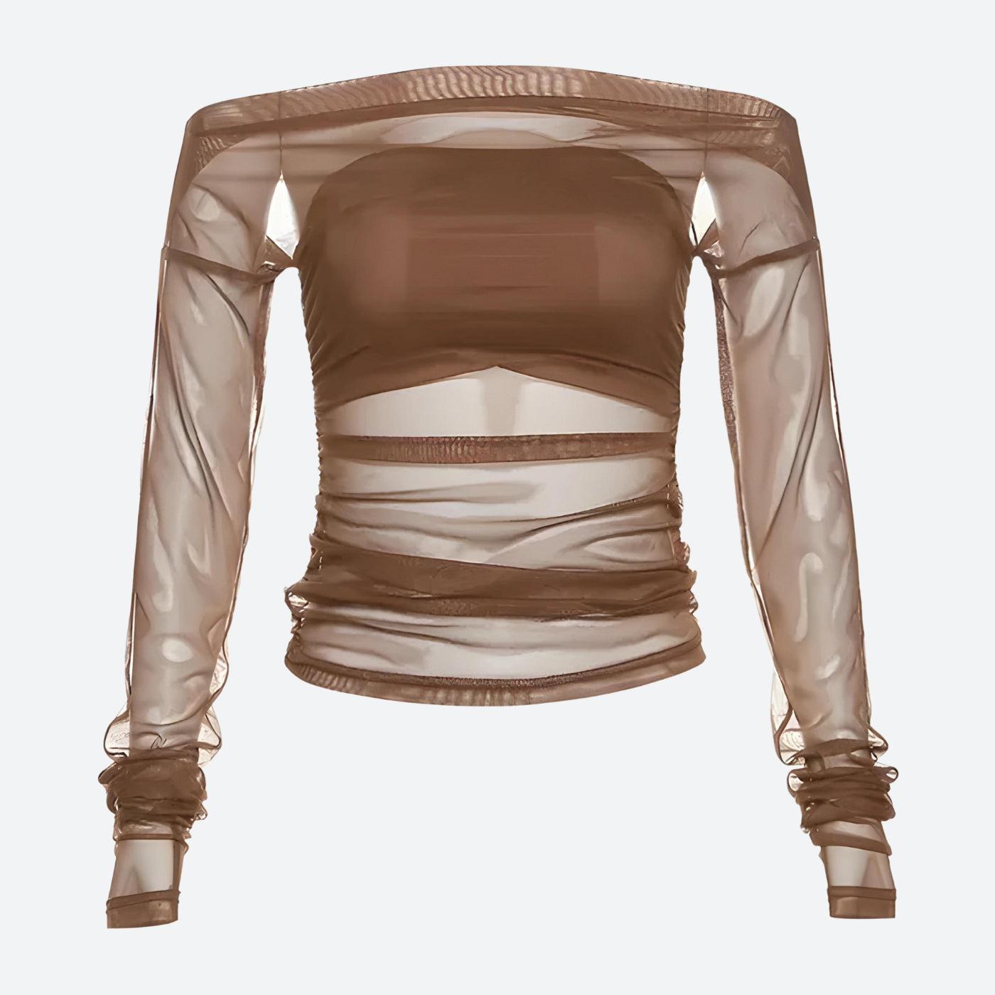 Y2K Off Shoulder Mesh Top - Retro 90s Grunge Style for Trendy Summer Outfits