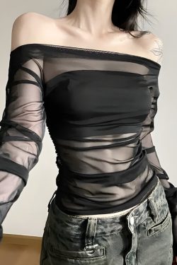 Y2K Off Shoulder Mesh Top - Retro 90s Grunge Style for Trendy Summer Outfits