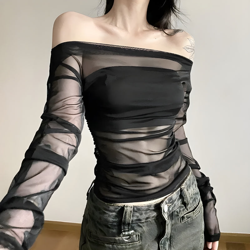 Y2K Off Shoulder Mesh Top - Retro 90s Grunge Style for Trendy Summer Outfits