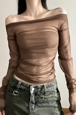 Y2K Off Shoulder Mesh Top - Retro 90s Grunge Style for Trendy Summer Outfits