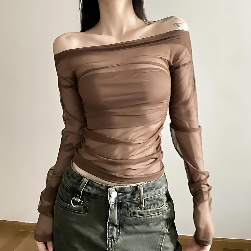 Y2K Off Shoulder Mesh Top - Retro 90s Grunge Style for Trendy Summer Outfits