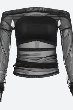 Y2K Off Shoulder Mesh Top - Retro 90s Grunge Style for Trendy Summer Outfits