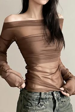 Y2K Off Shoulder Mesh Top - Retro 90s Grunge Style for Trendy Summer Outfits
