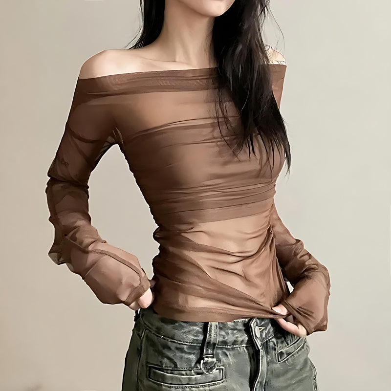 Y2K Off Shoulder Mesh Top - Retro 90s Grunge Style for Trendy Summer Outfits