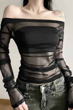 Y2K Off Shoulder Mesh Top - Retro 90s Grunge Style for Trendy Summer Outfits