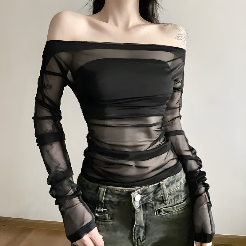 Y2K Off Shoulder Mesh Top - Retro 90s Grunge Style for Trendy Summer Outfits