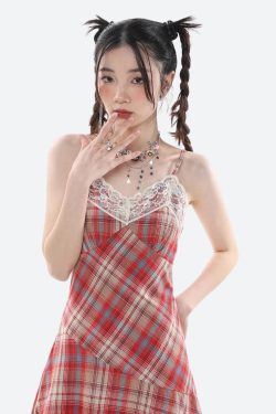 Y2K Plaid Lace Midi Dress - Retro Style Grunge Outfit