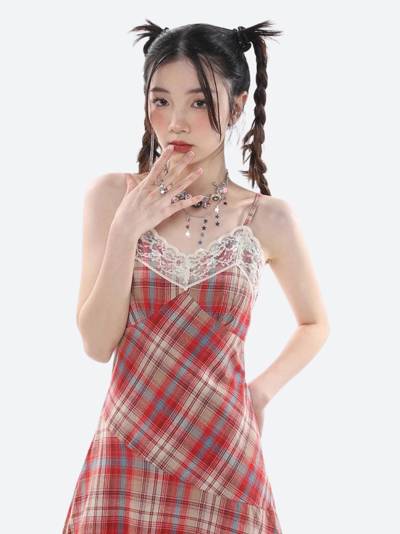 Y2K Plaid Lace Midi Dress - Retro Style Grunge Outfit