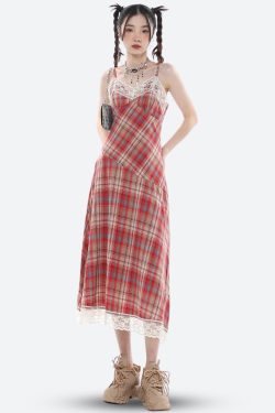 Y2K Plaid Lace Midi Dress - Retro Style Grunge Outfit
