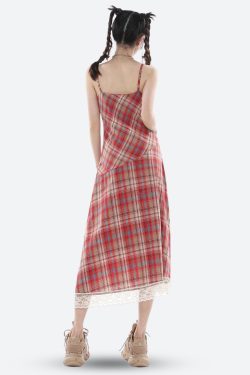 Y2K Plaid Lace Midi Dress - Retro Style Grunge Outfit