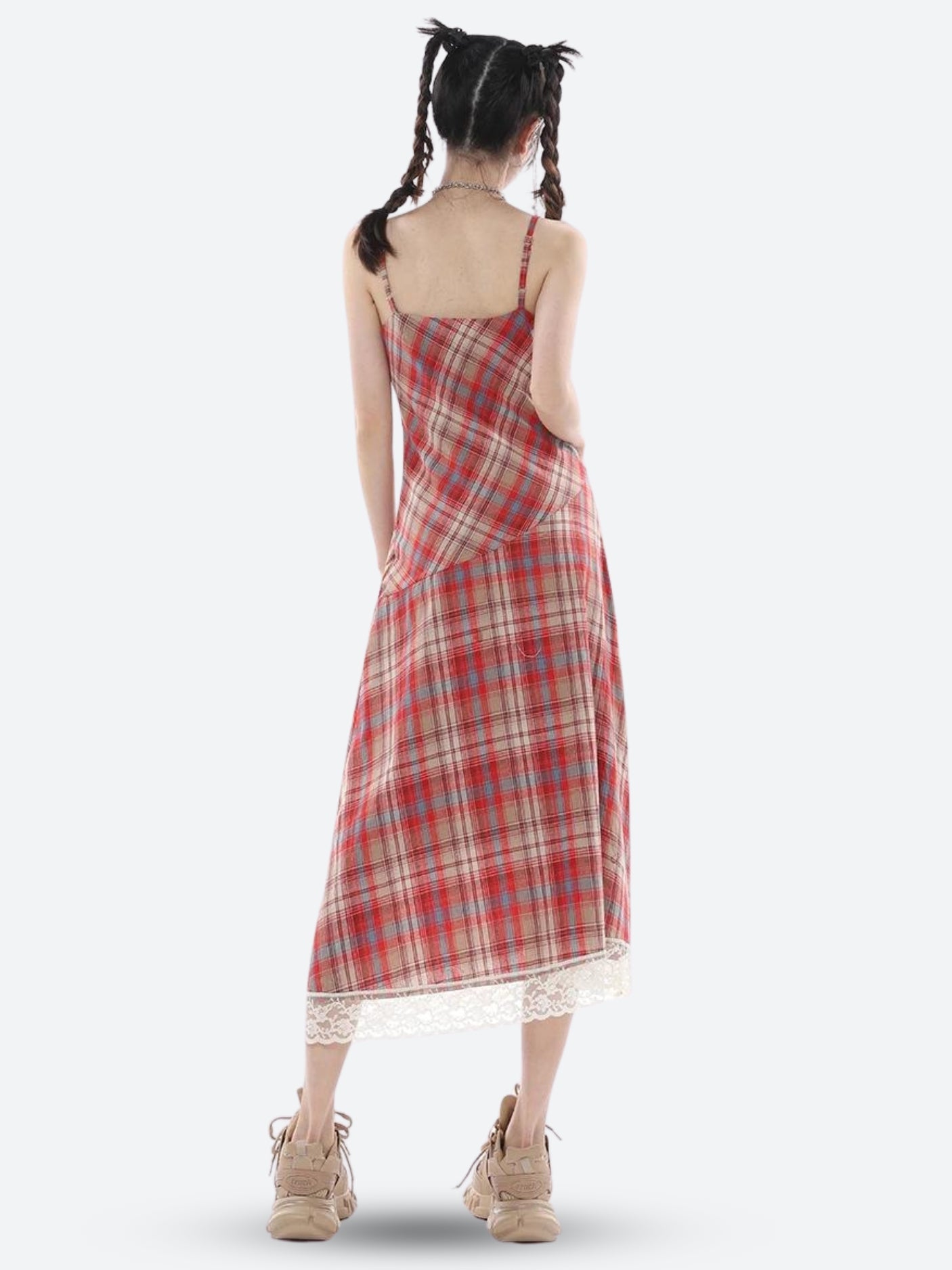 Y2K Plaid Lace Midi Dress - Retro Style Grunge Outfit