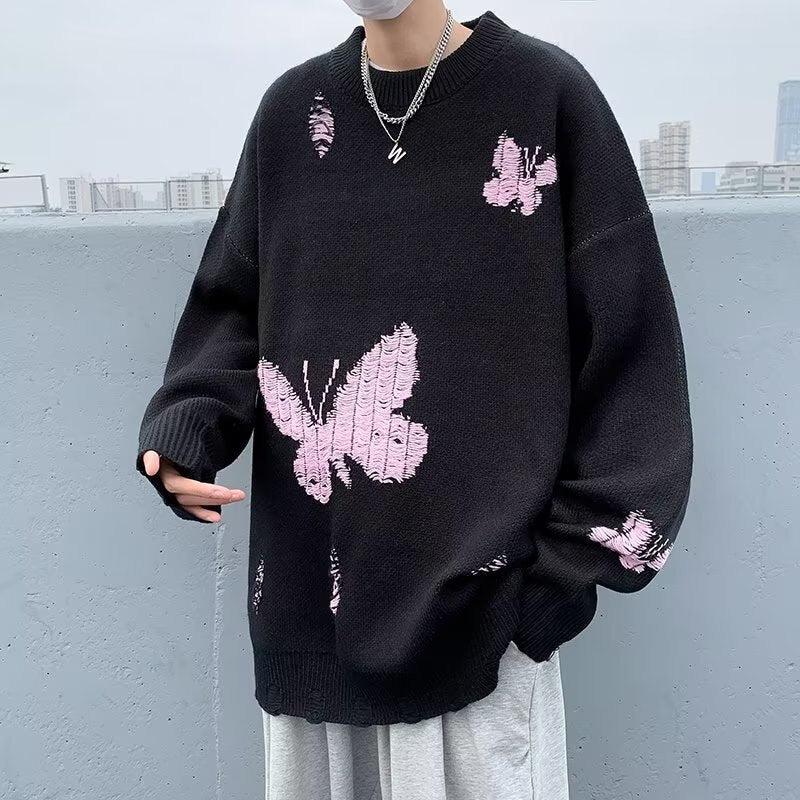 Y2K Retro Butterfly Distressed Knitted Sweater - Perfect for 90s and Grunge Outfits