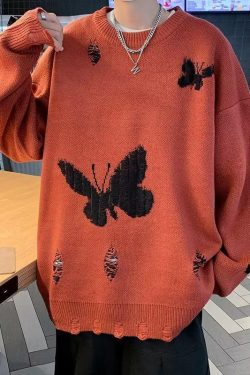 Y2K Retro Butterfly Distressed Knitted Sweater - Perfect for 90s and Grunge Outfits