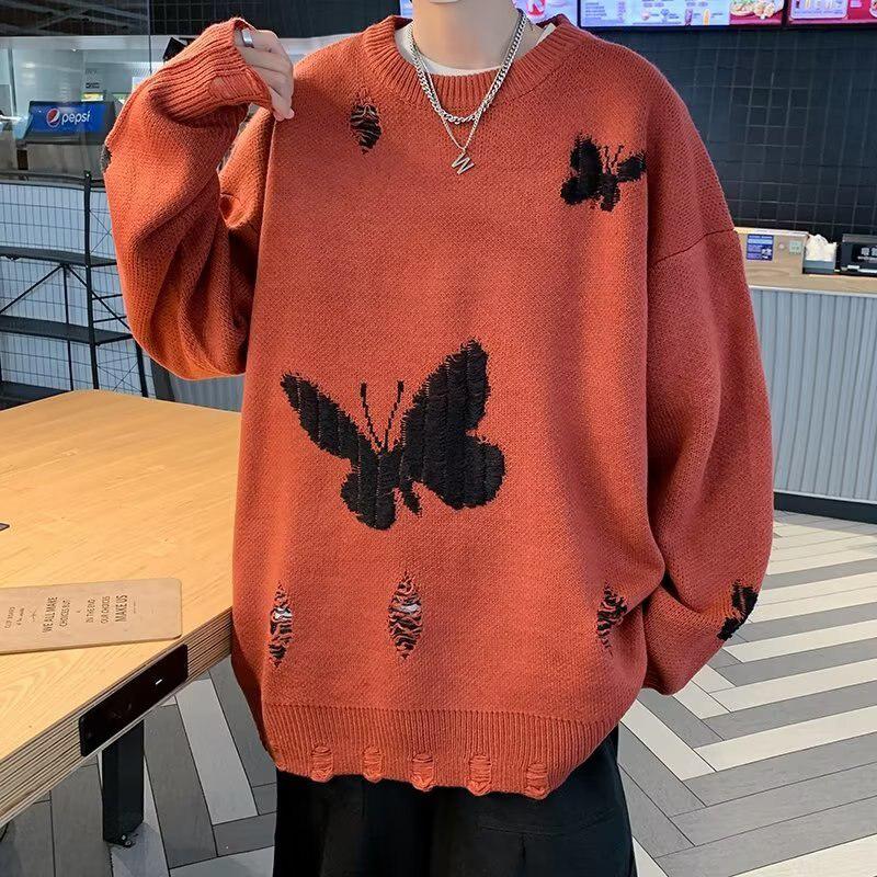 Y2K Retro Butterfly Distressed Knitted Sweater - Perfect for 90s and Grunge Outfits