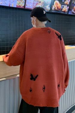 Y2K Retro Butterfly Distressed Knitted Sweater - Perfect for 90s and Grunge Outfits