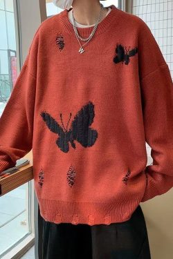 Y2K Retro Butterfly Distressed Knitted Sweater - Perfect for 90s and Grunge Outfits