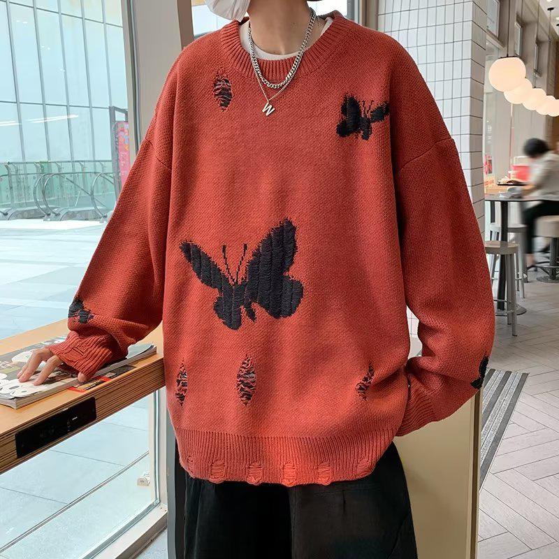 Y2K Retro Butterfly Distressed Knitted Sweater - Perfect for 90s and Grunge Outfits